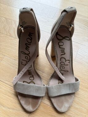 Sam Edelman Taupe Suede Ankle-Strap Block Heels